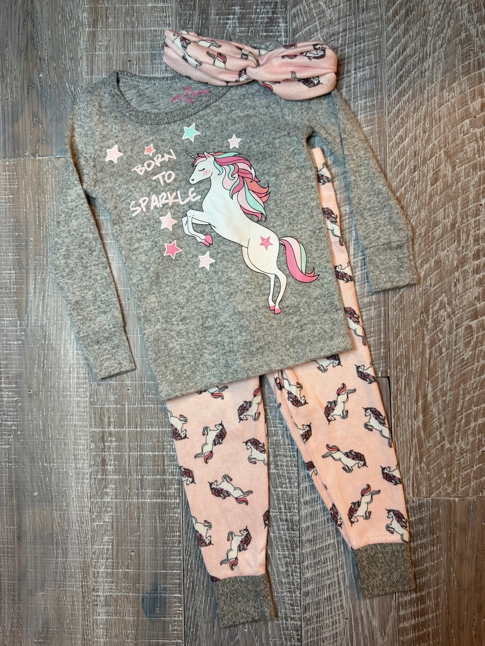 NWOT Betsey Johnson Gray & Pink Unicorn 'Born to Sparkle' Kids Pajama Set